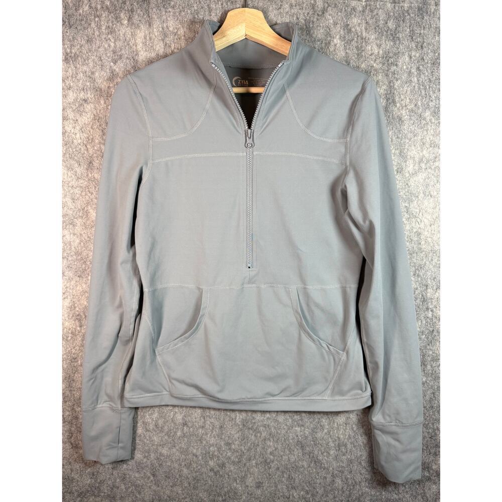 Zyia Active Womens 1/2 Zip Gray Large Pullover Kangaroo Pockets Thumbholes